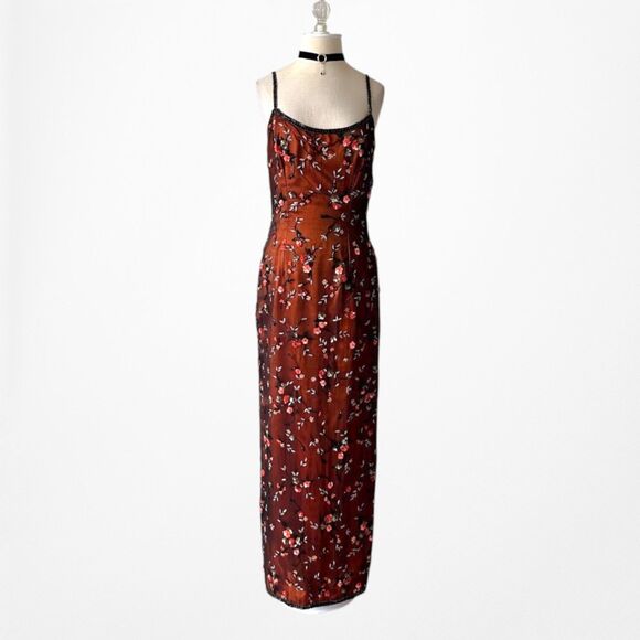 Vintage Y2K Orange Silk Brown Floral Beaded Mesh Bodycon Maxi Prom Dress Size M - Picture 5 of 8